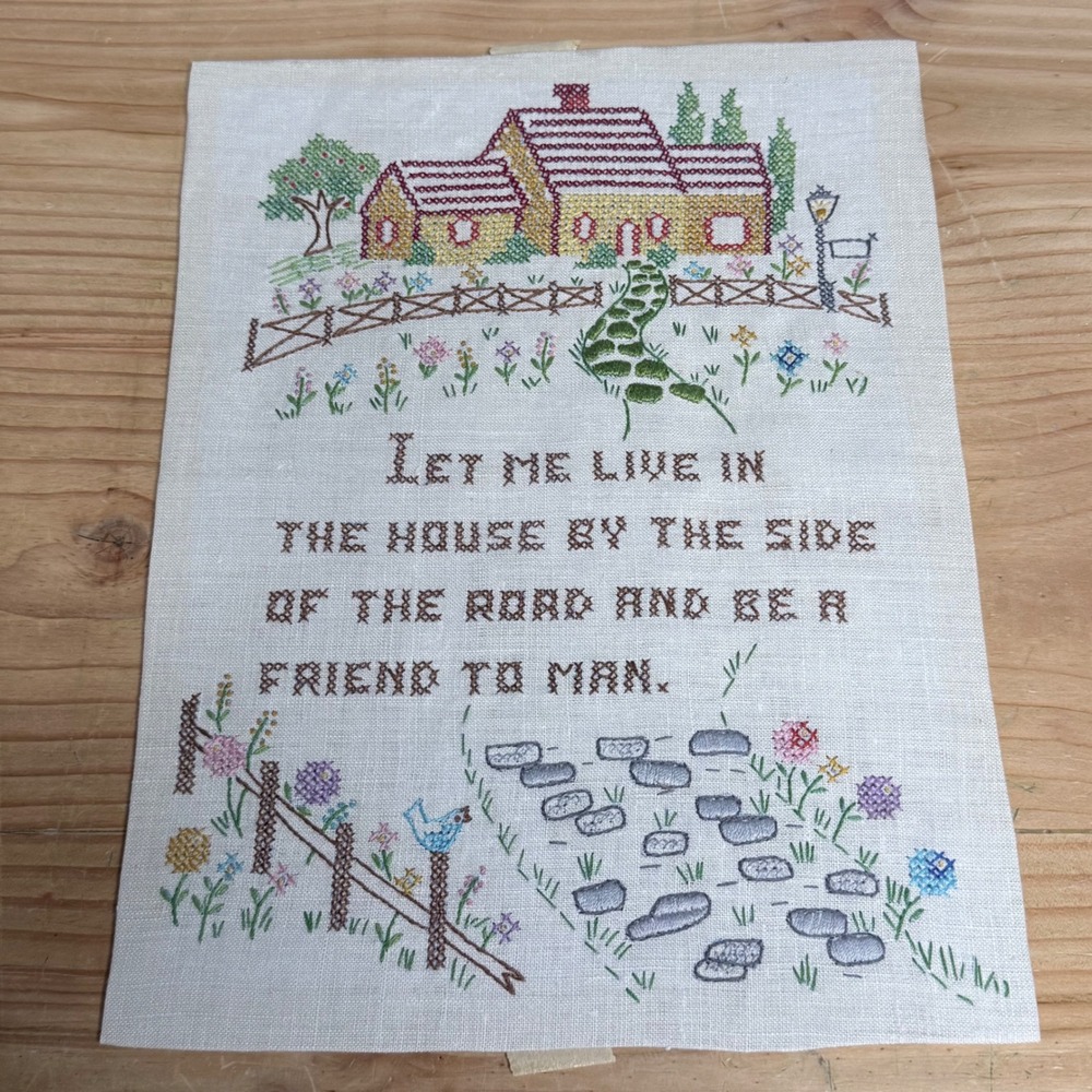 Vintage Hand Embroidered Cross Stitch Sampler House by the Side of the Road 13.5
